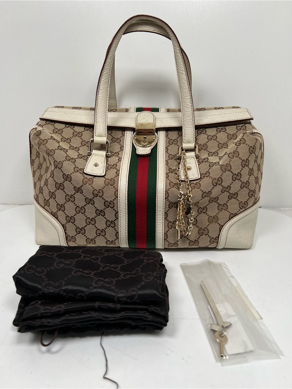 Gucci GG Supreme Web Stripe Boston Bag Beige Canvas White Leather 12.5” Vintage